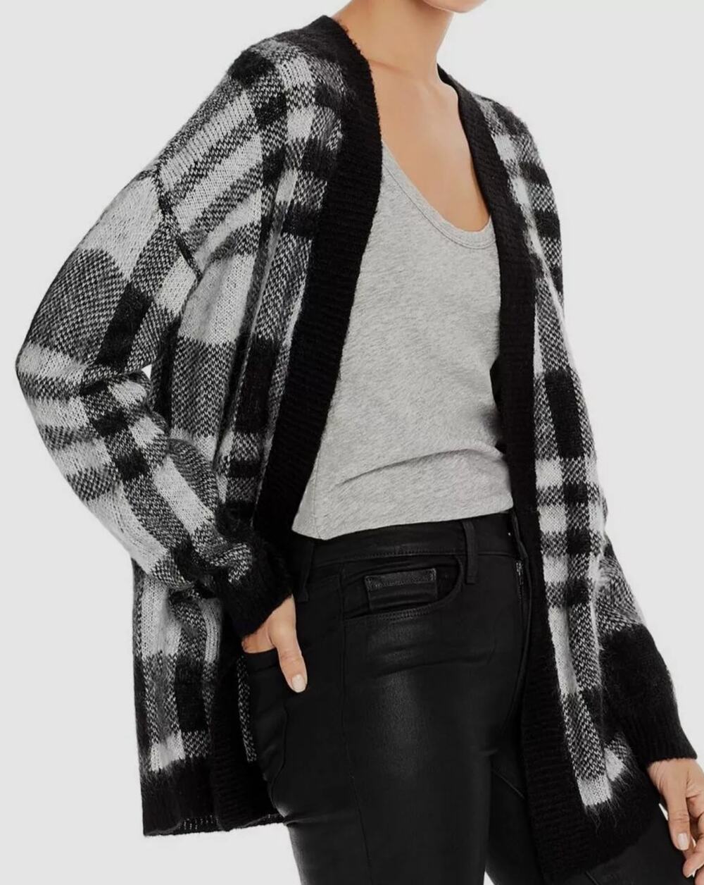 NWT AQUA Plaid Slouchy Cardigan Black White M Open Front Drop Shoulders $199